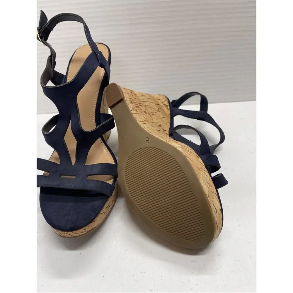 Never Worn Women’s Size 8 Cork Wedge Shoes With Navy Blue Straps - Picture 3 of 5
